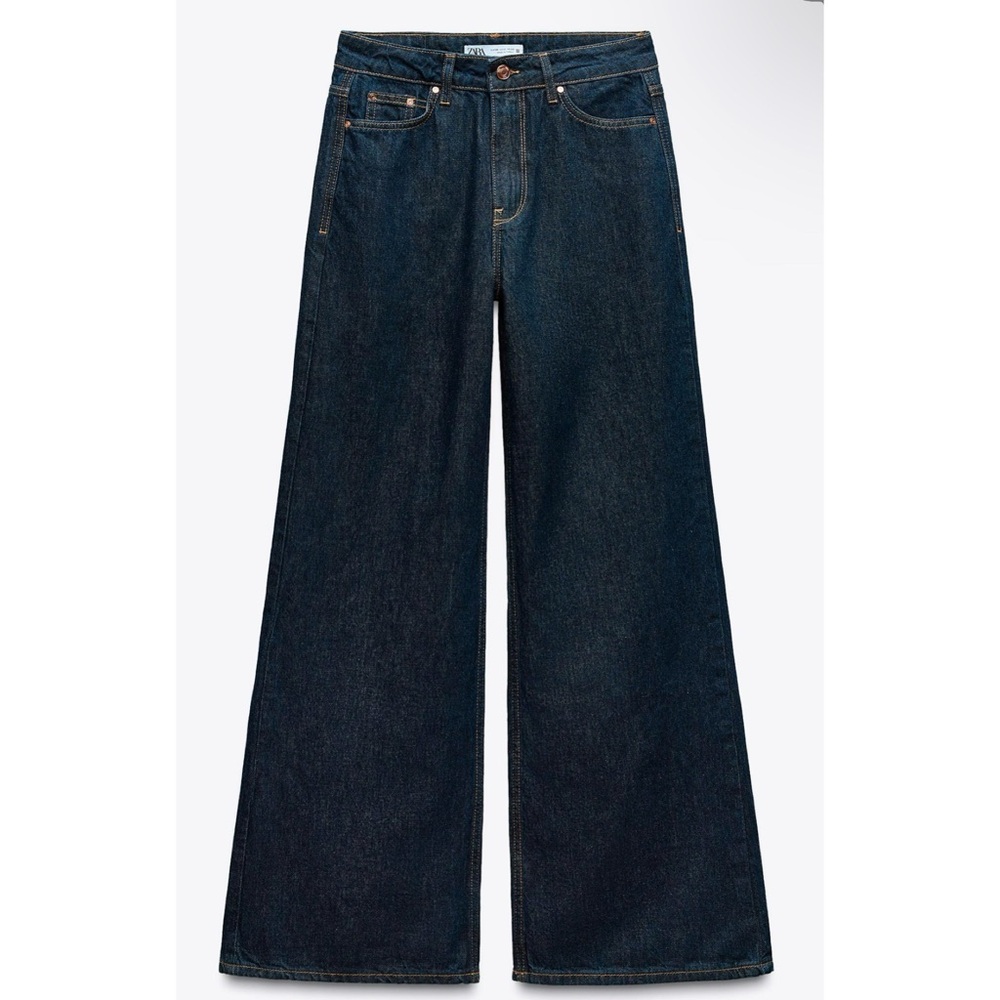 ZARA Wide Leg High Waisted Dark Denim Long-Length Jeans 6